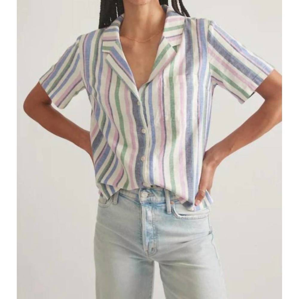 Marine Layer Striped Short-Sleeve Button-Down Shirt in Pastel Blue, Pink & Green